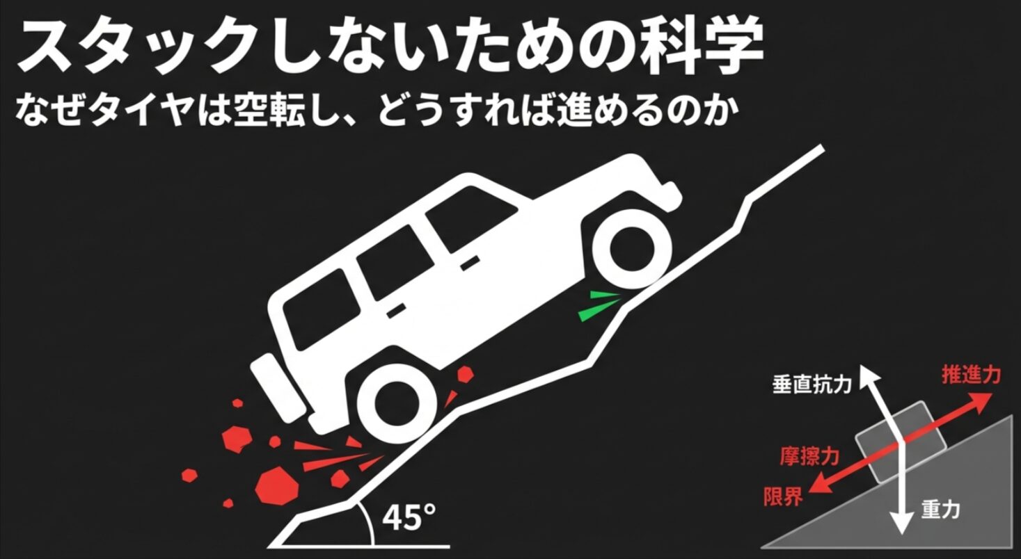 斜面における重力、垂直抗力、推進力、摩擦力の関係図を示した「スタックしないための科学」解説スライド 。