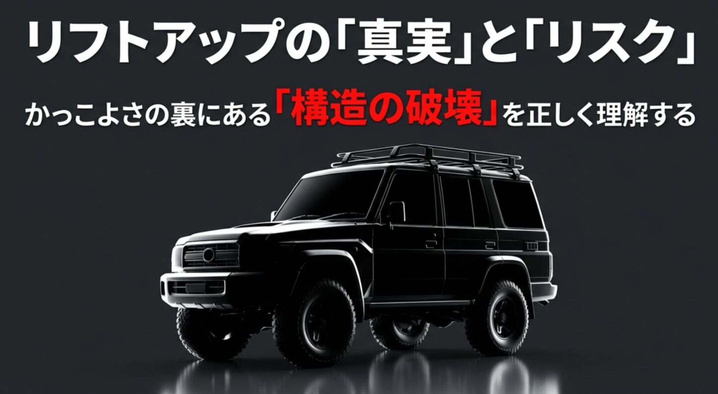 4WD車のリフトアップにおけるかっこよさの裏に隠された構造への影響を説く解説シリーズの表紙スライド 。