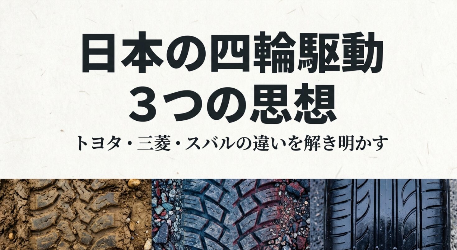 トヨタ、三菱、スバルの駆動システムの違いとそれぞれの背景にある思想を解き明かす解説シリーズの表紙スライド