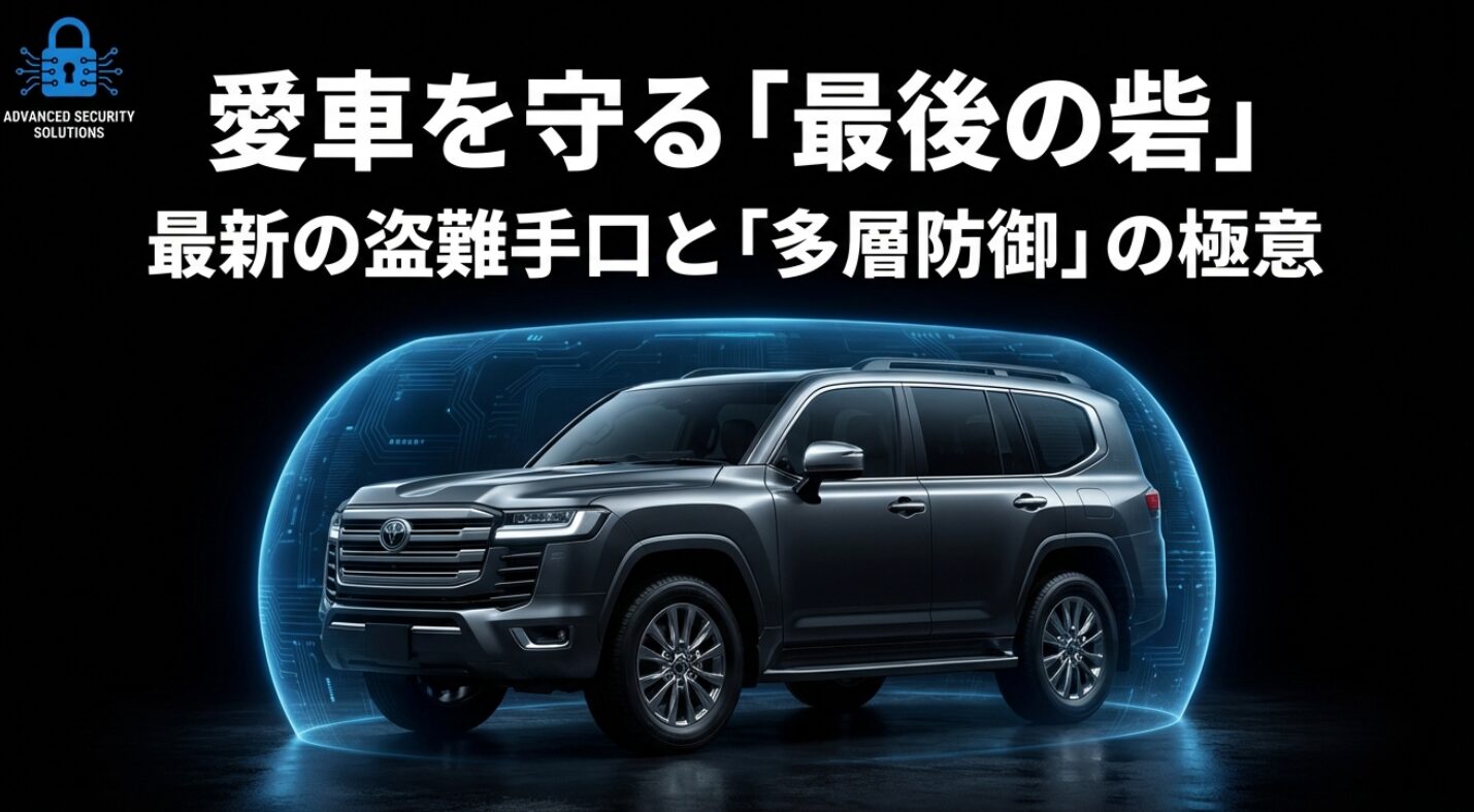 愛車を守る「最後の砦」として、最新の盗難手口と多層防御の重要性を伝える解説スライドの表紙