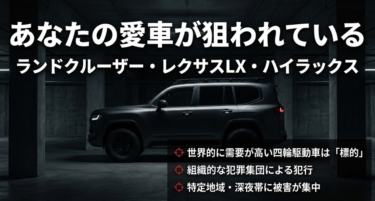 ランドクルーザー、レクサスLX、ハイラックスなど、世界的に需要が高い四輪駆動車が組織的犯罪集団の標的となっている現状を示すスライド。