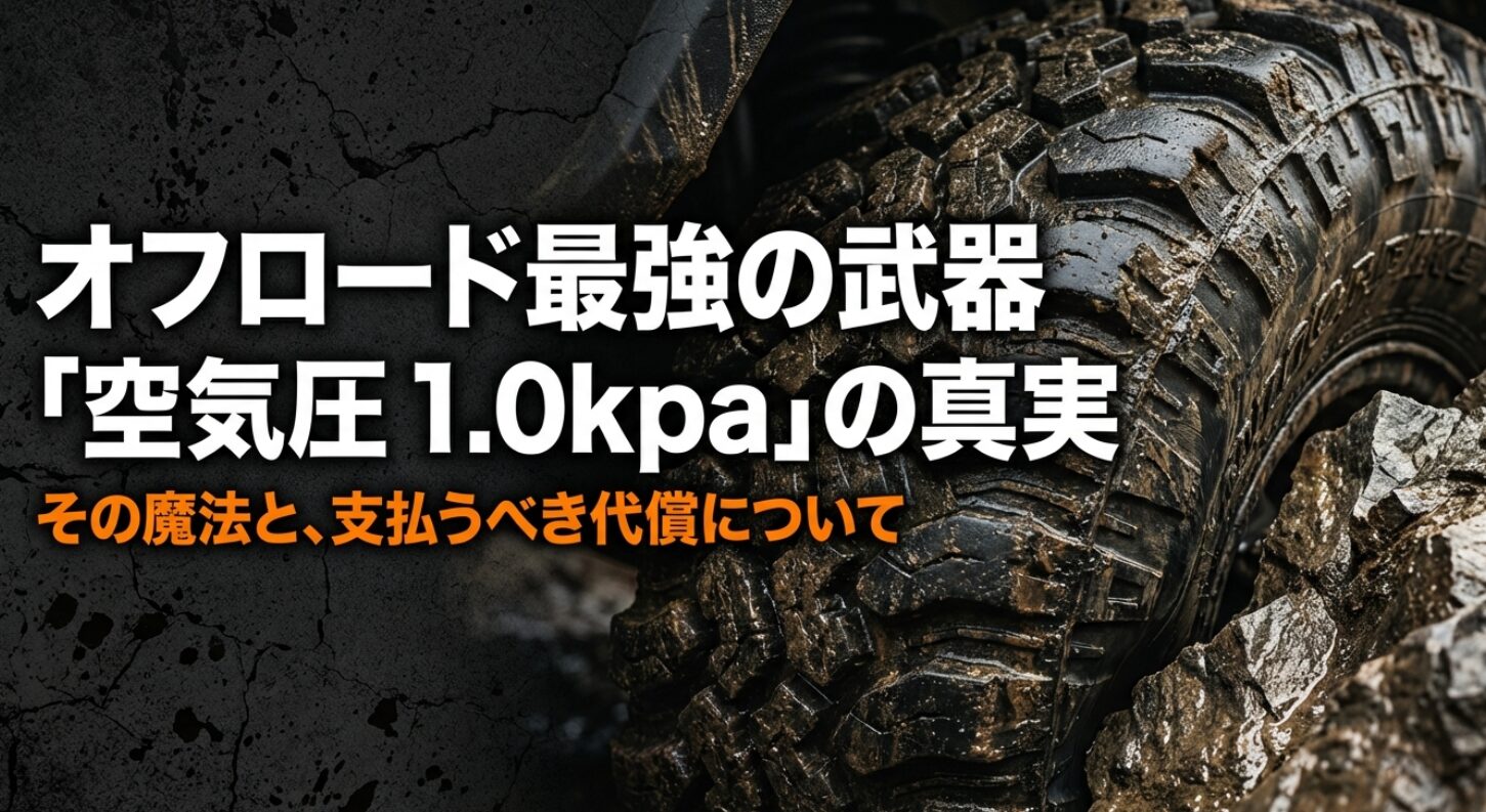 タイヤ空気圧を1.0kpaに下げることの魔法と、車両への代償について解説する「オフロード最強の武器」スライド表紙