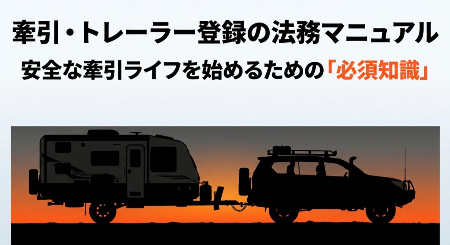 四輪駆動車でトレーラーを牽引するために必要な法務知識を解説する「牽引・トレーラー登録の法務マニュアル」の表紙スライド
