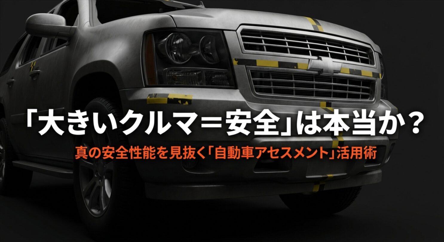 「大きいクルマは安全か？」という問いと、JNCAP自動車アセスメントの活用術を提示するタイトルスライド