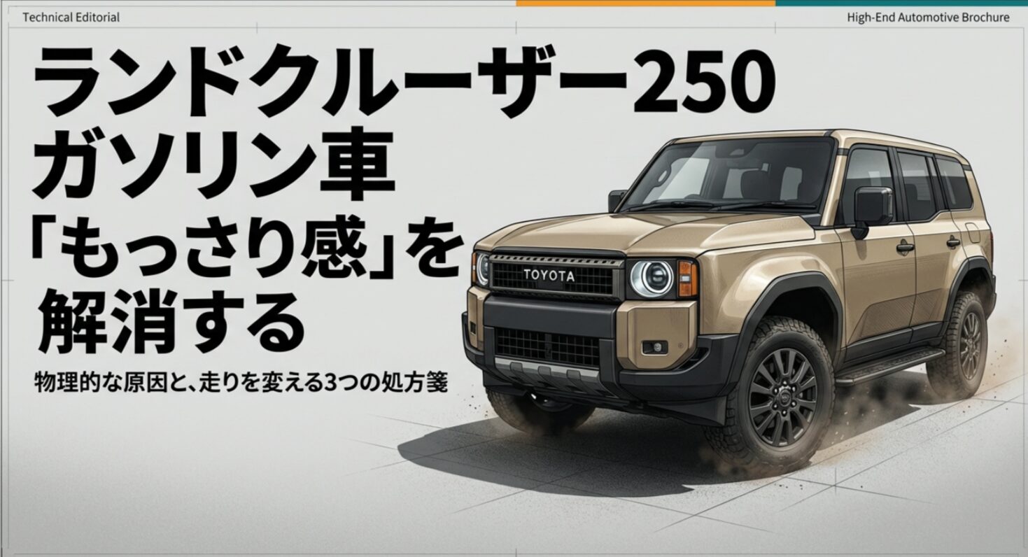 ランドクルーザー250ガソリン車の「もっさり感」を解消するための物理的原因と3つの処方箋を解説したスライド資料の表紙。