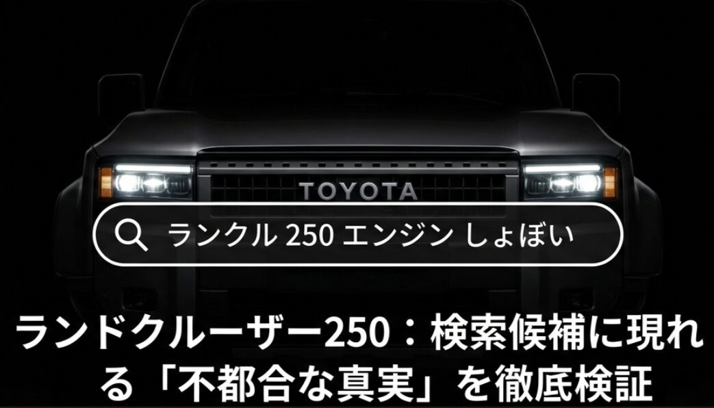 ランドクルーザー250のフロントマスクと、エンジン性能への疑問を表す大きなクエスチョンマークのイラスト