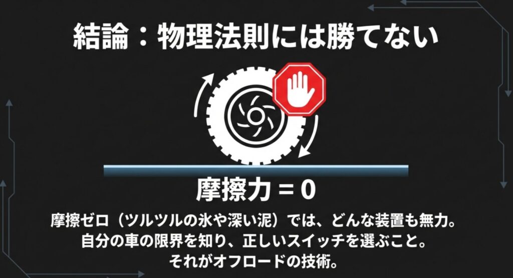 摩擦力がゼロの状態では物理法則に勝てないことを示し、車の限界を知り正しく操作することを促す結びのスライド 。