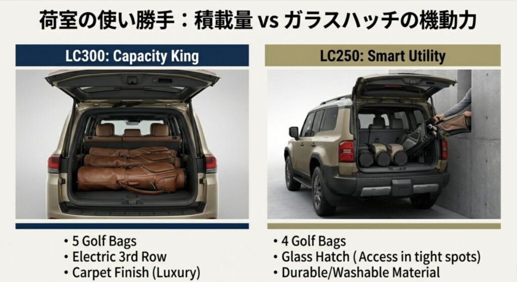 ゴルフバッグの積載個数比較とランクル250のバックドアガラスハッチの活用イメージ