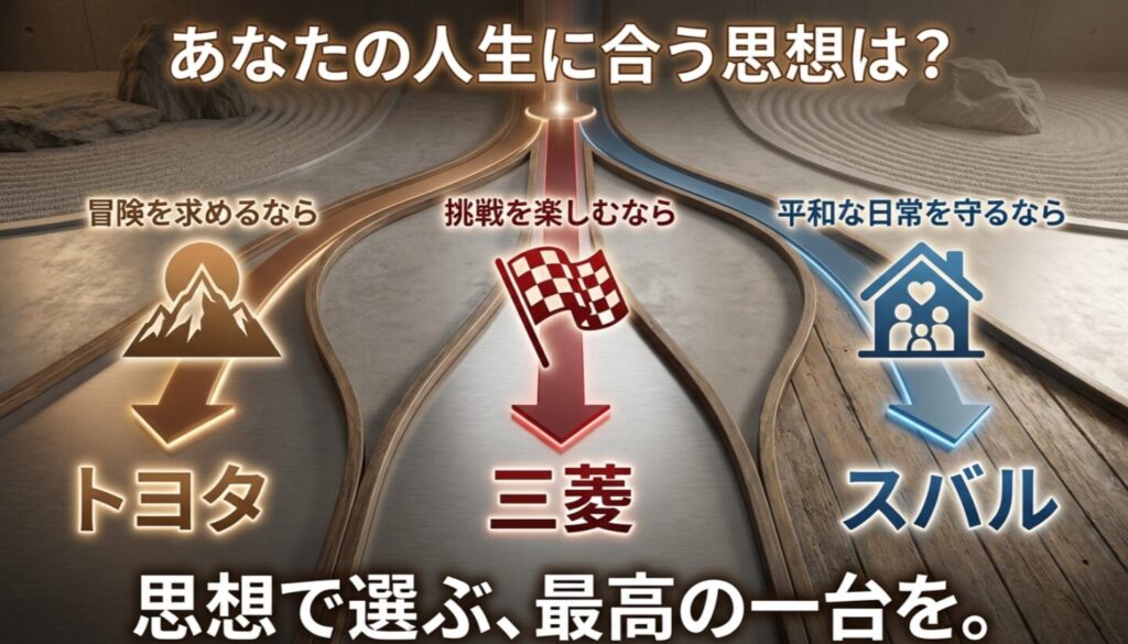 冒険ならトヨタ、挑戦なら三菱、平和ならスバルと、人生の目的（思想）に合わせて一台を選ぶことを推奨するまとめスライド