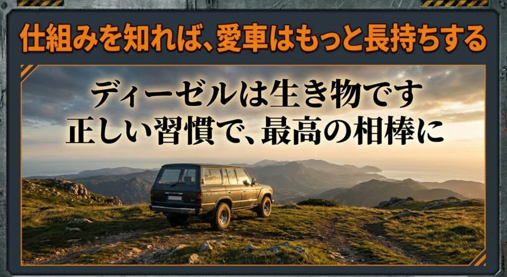 仕組みを知り、正しい習慣を身につけることで愛車を長持ちさせることを促す結びのメッセージスライド 。