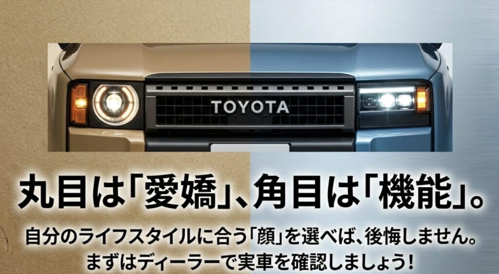 自分のライフスタイルに合う顔を選ぼうというメッセージと、実車確認を推奨するまとめスライド