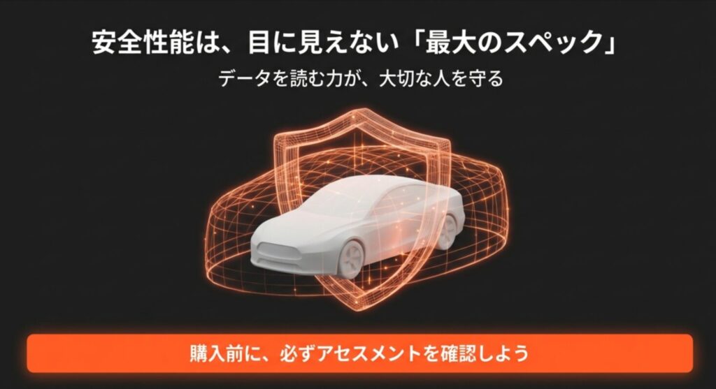 盾（シールド）に守られた車のイラスト。目に見えない安全性能が最大のスペックであることを強調する結びのスライド