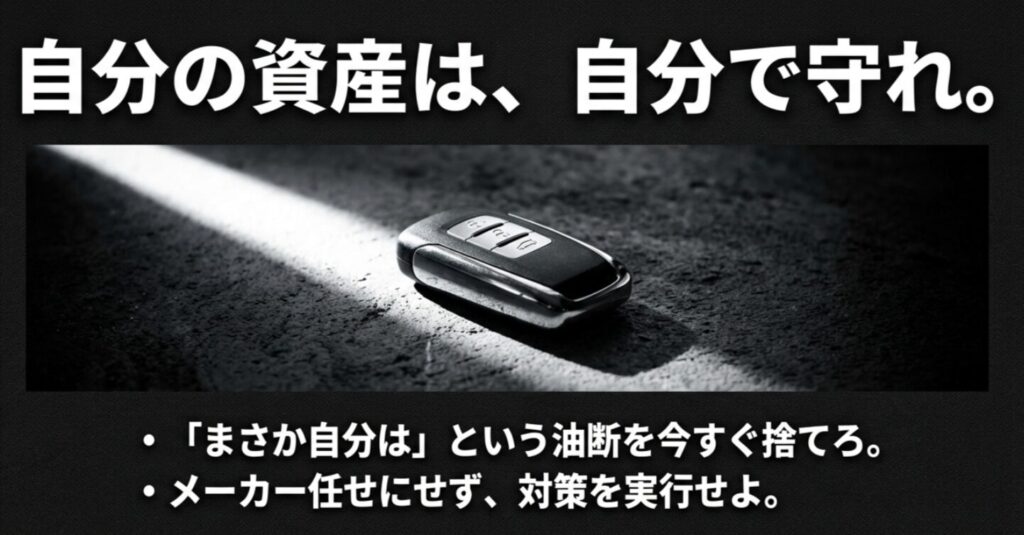 自分の資産は自分で守るという決意と、多重防御の実行を促す結びのスライド。