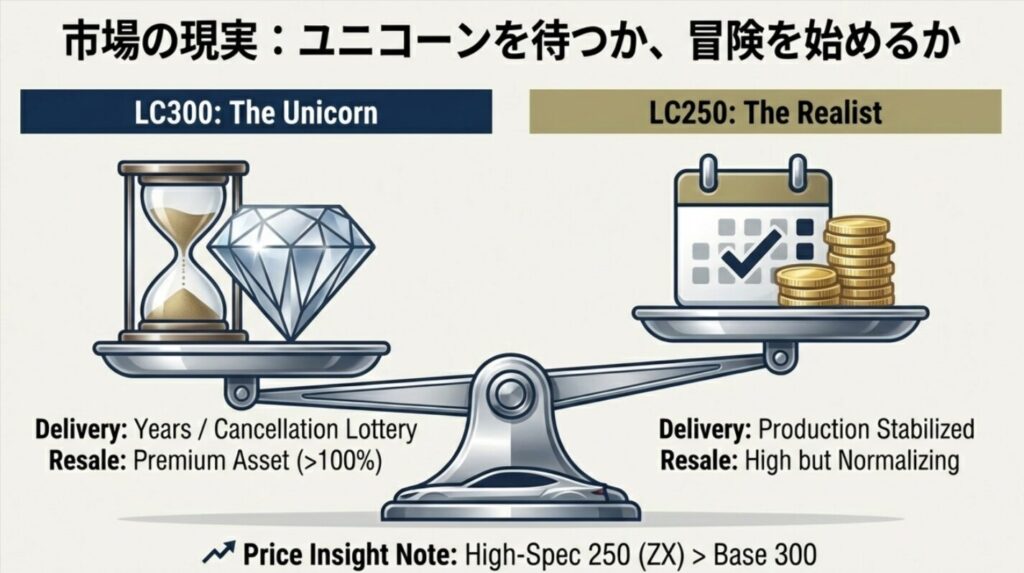 ランクル300と250の納期目安、リセールバリュー、価格逆転現象の比較イメージ