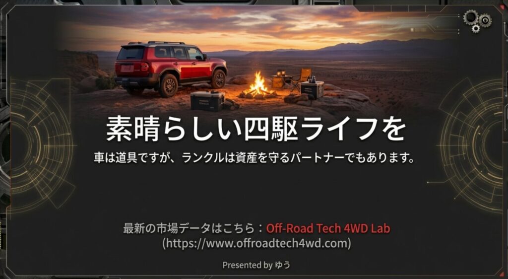 ランクルは楽しんで乗って賢く売るべき「負けない車」であり、最強の資産であることを強調するまとめスライド