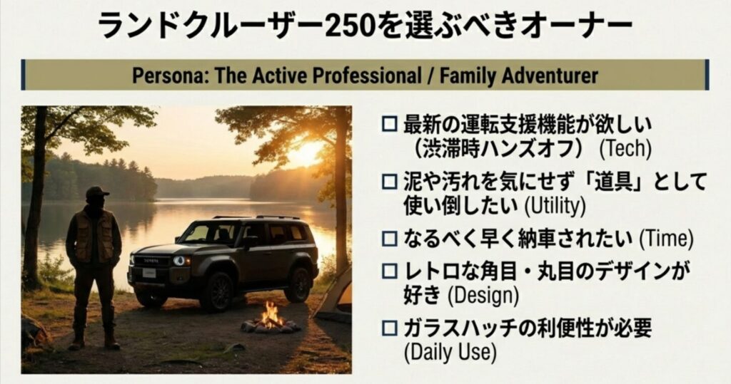 キャンプ場での250と、最新技術・実用性・デザインを重視するオーナー向けチェックリスト