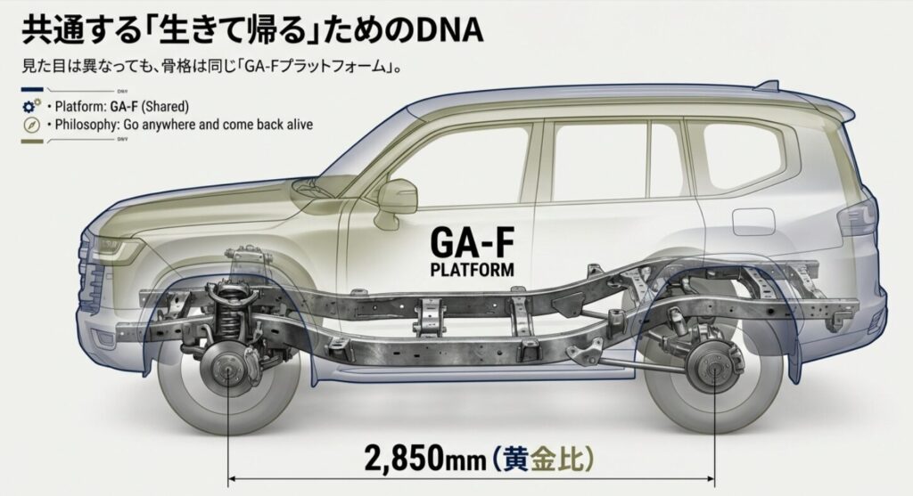 ランクル300と250が共有するGA-Fプラットフォームと2,850mmのホイールベース解説図