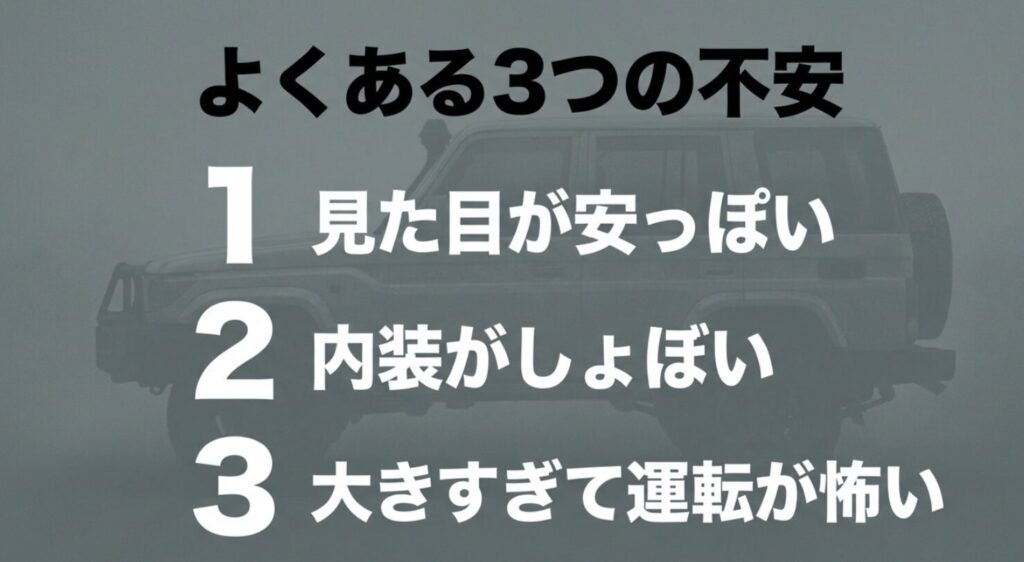 ランクル250の見た目が安っぽい、内装がしょぼい、大きすぎて運転が怖いという、よくある3つの不安をまとめたスライド
