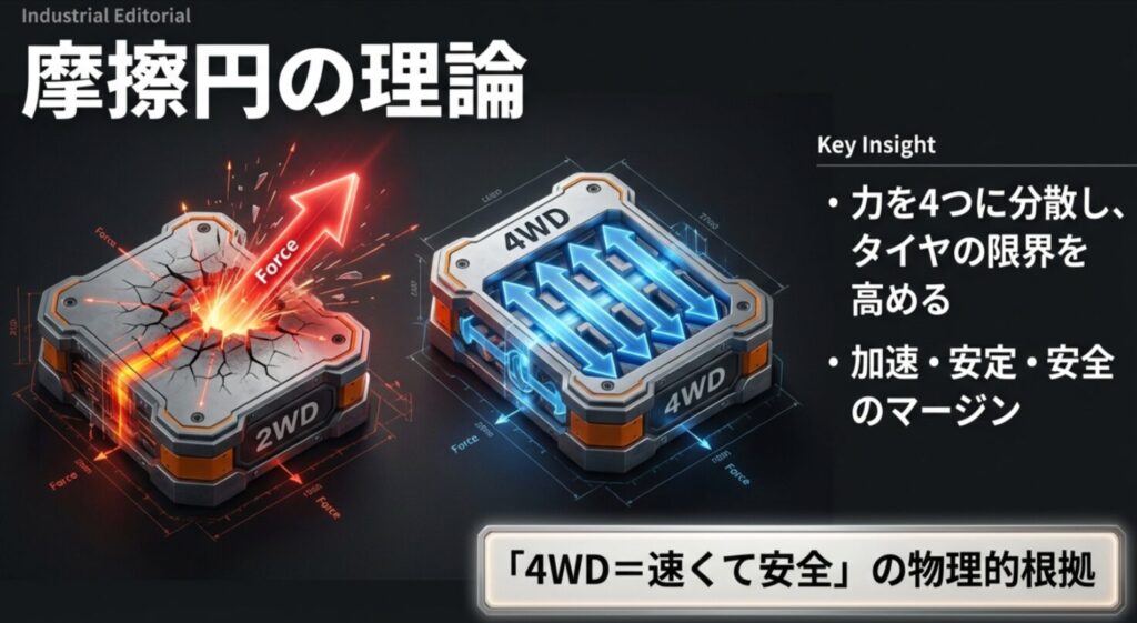 摩擦円の理論に基づき、駆動力を4輪に分散することでタイヤの限界性能を高める4WDの物理的メリットを説明する図解