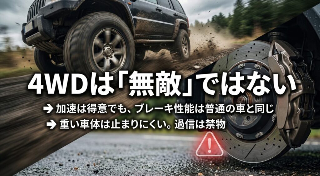 4WDは加速は得意だが、ブレーキ性能は普通車と同じであり、重い車体は止まりにくいという安全上の注意を促すスライド