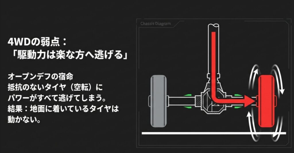 抵抗のない空転タイヤにパワーが逃げ、接地タイヤが動かなくなるオープンデフの仕組みを図解したスライド 。