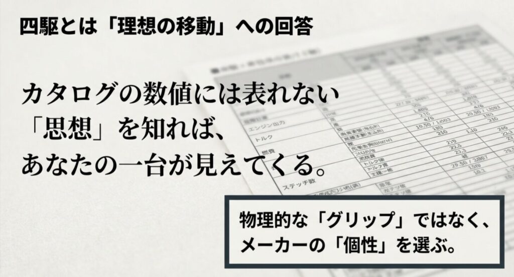 四駆とは理想の移動への回答であり、数値上のグリップではなくメーカー独自の思想を選ぶことが重要であると説くスライド
