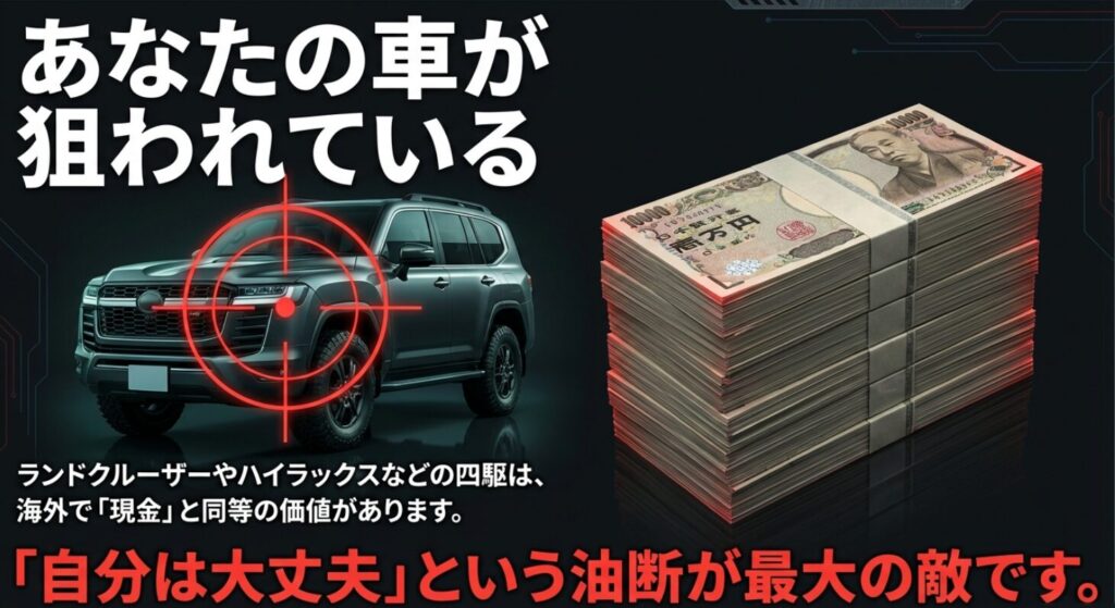 ターゲットマークに狙われたランドクルーザーの画像とともに、海外で「現金」と同等の価値がある四駆が狙われている事実を警告するスライド