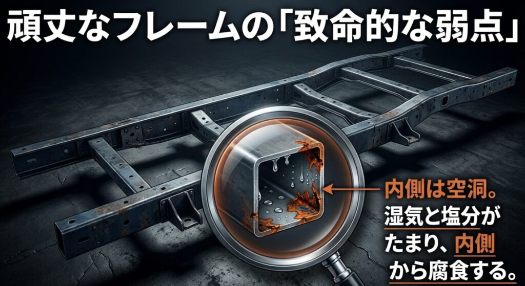 ラダーフレームの閉断面（BOX）構造の内部に湿気や塩分が溜まり、内側から腐食が進行する仕組みの解説図 。