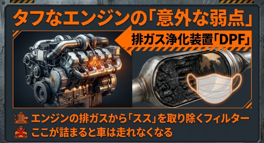 排ガスから煤（スス）を取り除くフィルターであるDPFの役割と、目詰まりが走行不能を招くリスクを説明するスライド 。