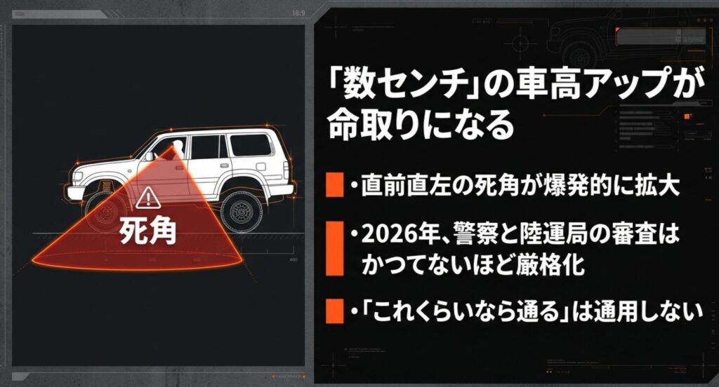 数センチの車高アップが直前直左の死角を広げ、2026年の厳格な審査基準では「これくらいなら通る」が通用しないことを警告するスライド