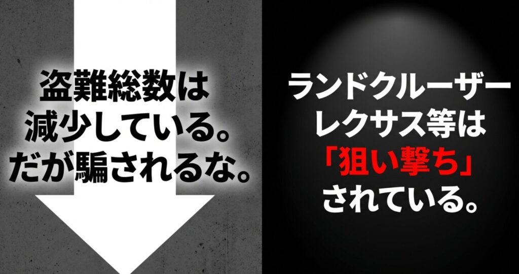 盗難総数は減少しているが、ランドクルーザーやレクサス等がワースト上位で狙い撃ちされている実態を示す図解。