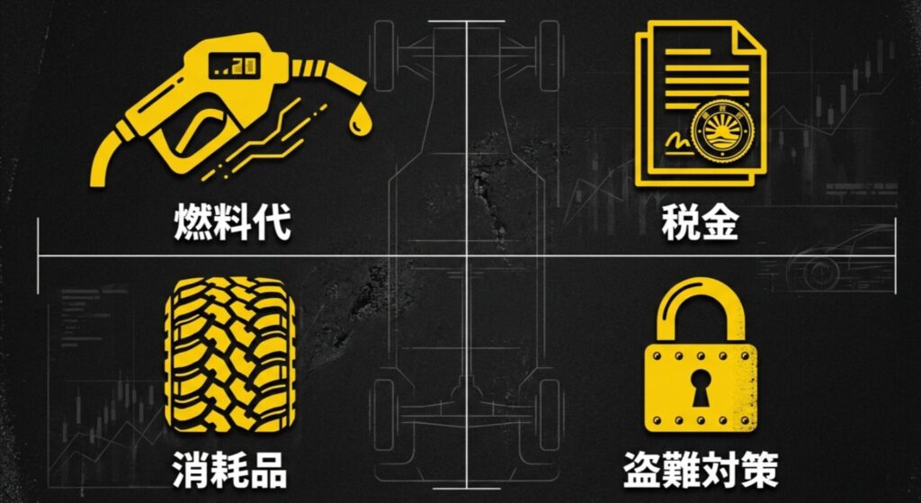 ランクル250の維持費を構成する燃料代、税金、消耗品、盗難対策の4項目をまとめたアイコン画像