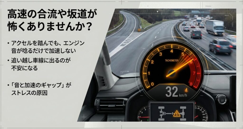 エンジン音が唸るだけで加速しないストレスや、合流・追い越しへの不安を表現したスライド