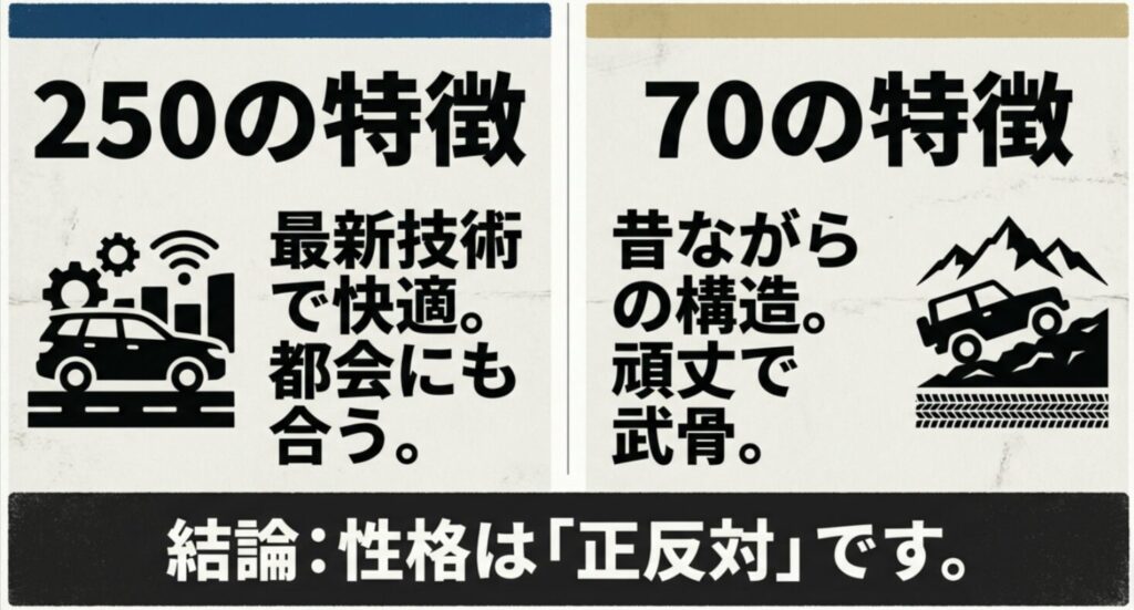 最新技術で快適な250と、頑丈で武骨な構造の70を対比させ、性格が正反対であることを示す図解