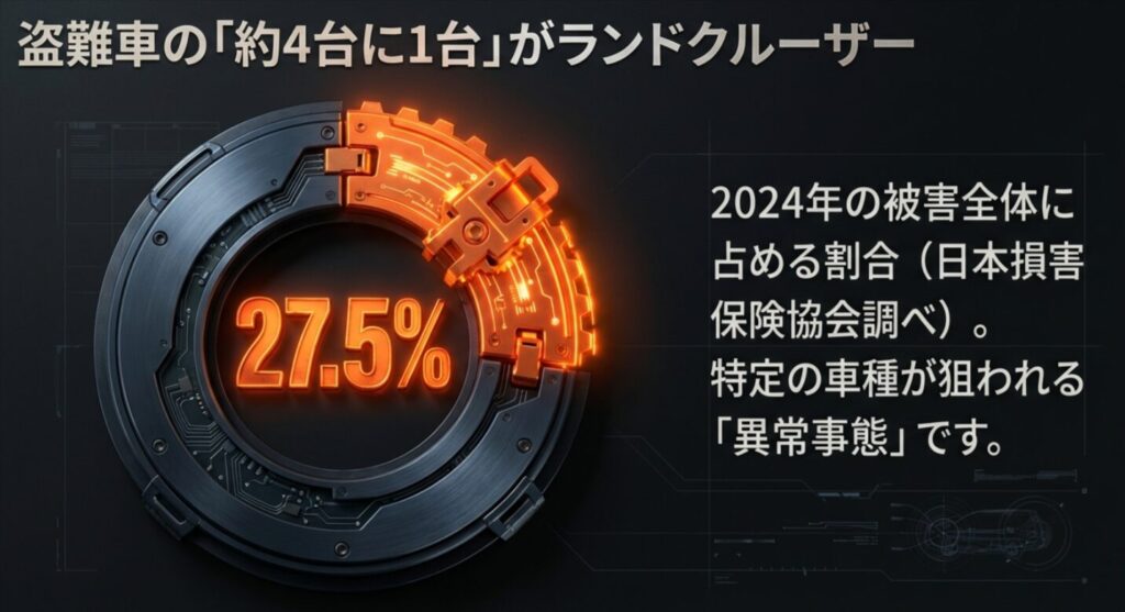 2024年の自動車盗難被害全体の27.5％、約4台に1台がランドクルーザーであることを示す統計図解