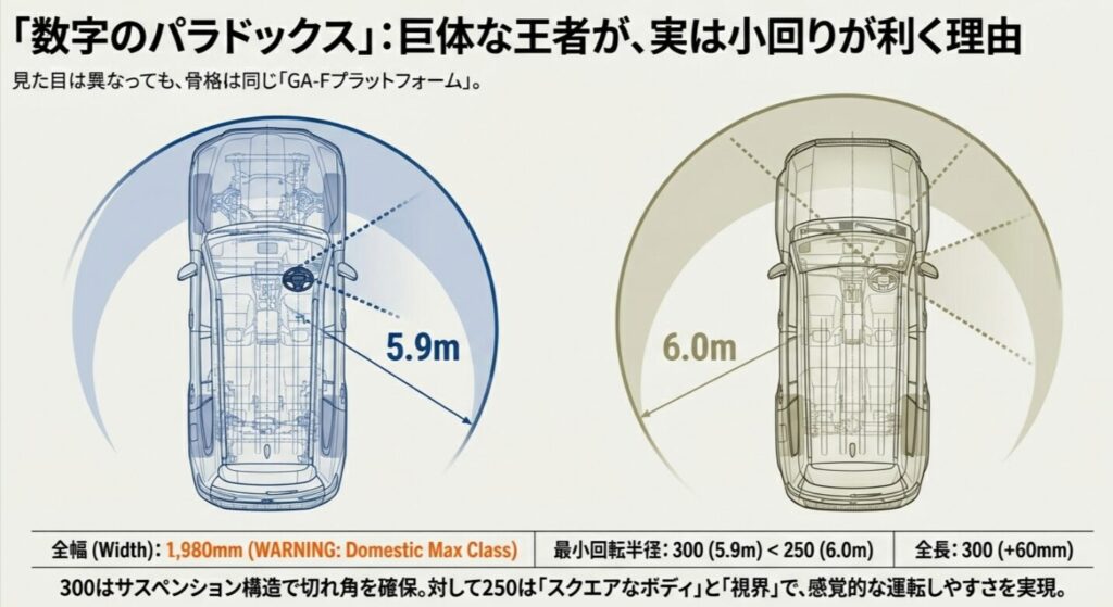 ランクル300の5.9mと250の6.0mの最小回転半径およびサスペンション構造の比較図