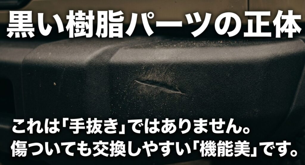 ランクル250の黒い樹脂パーツは手抜きではなく、傷ついても交換しやすい機能美であることを説明するスライド