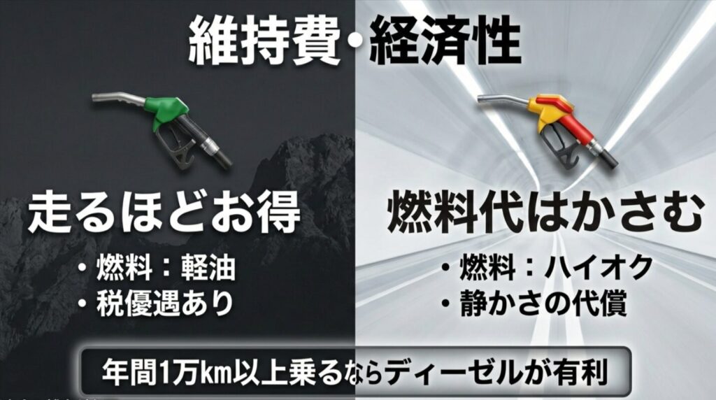 走るほどお得なディーゼル（軽油・税優遇）と燃料代がかさむガソリン（ハイオク）の維持費を比較したスライド