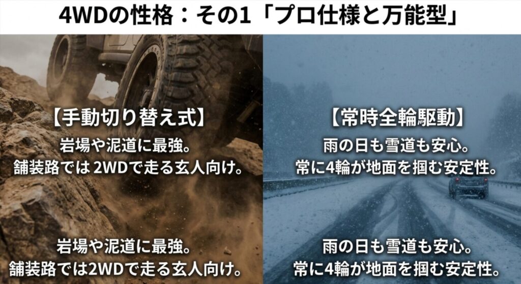岩場に強い手動切り替え式（パートタイム）と、雨や雪道で安定する常時全輪駆動（フルタイム）の性格の違いを説明する図解