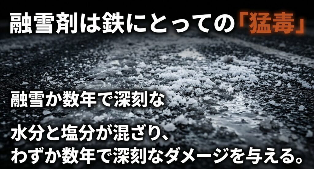 水分と塩分が混ざった融雪剤が鉄にとっての猛毒となり、わずか数年でフレームに深刻な被害を与える警告スライド 。