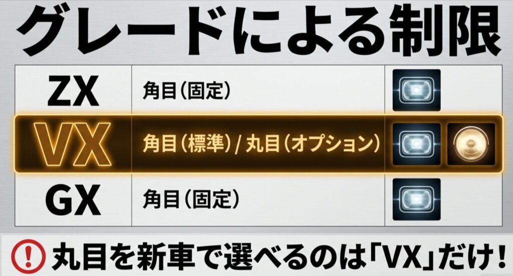 ランクル250のZX（角目固定）、VX（角目標準/丸目オプション）、GX（角目固定）のヘッドライト設定表
