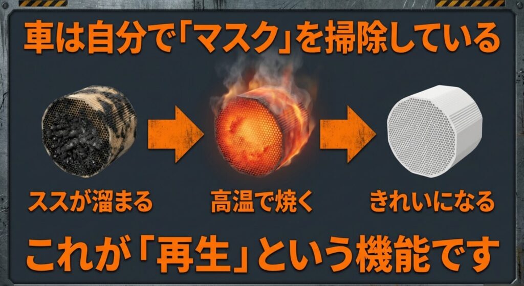溜まった煤を高温で焼き切り、フィルターをきれいな状態に戻す「再生」機能のステップ図解 。