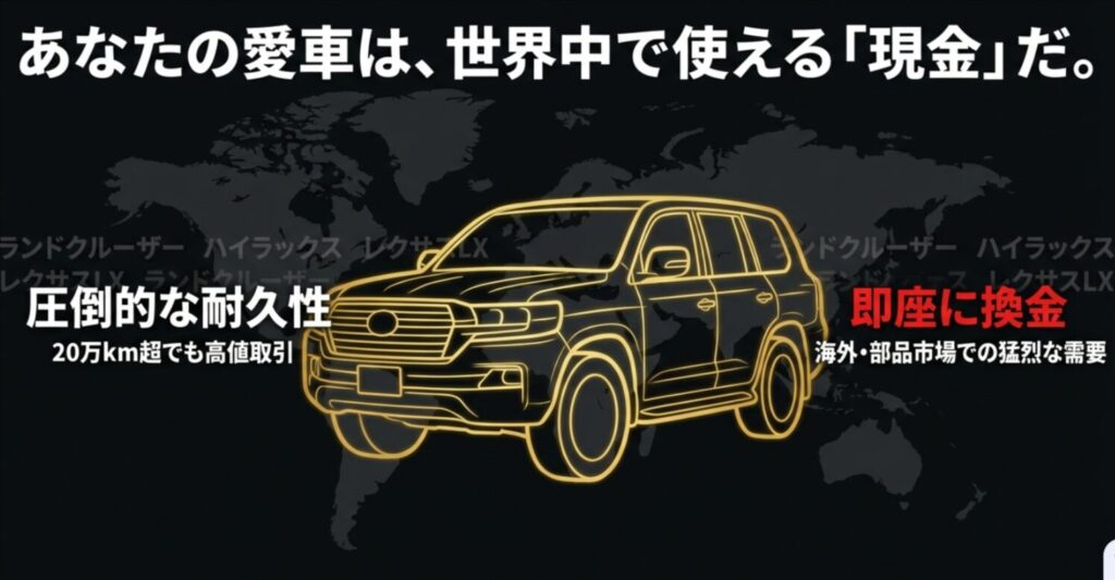 ランドクルーザーやハイラックスが圧倒的な耐久性ゆえに海外や部品市場で猛烈な需要があることを説明するスライド
