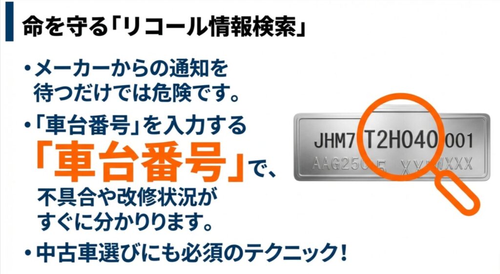 メーカーからの通知を待つだけでなく、車台番号を入力して自ら不具合や改修状況を即座に確認する手順を示すスライド