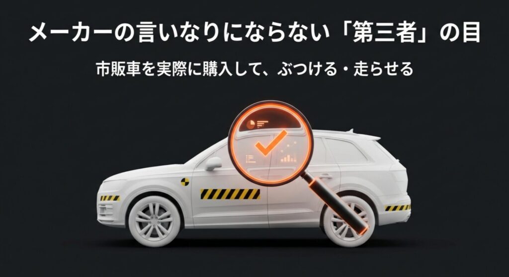 白いSUVを虫眼鏡で検査するイラスト。メーカーの言いなりにならない第三者の目による試験を表現