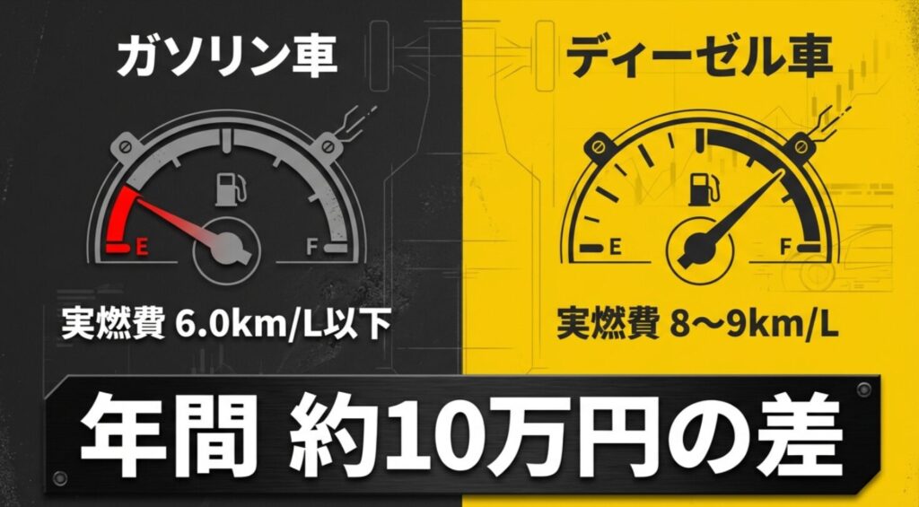 ガソリン車（実燃費6km/L以下）とディーゼル車（実燃費8-9km/L）の比較と年間10万円の差を示すスライド