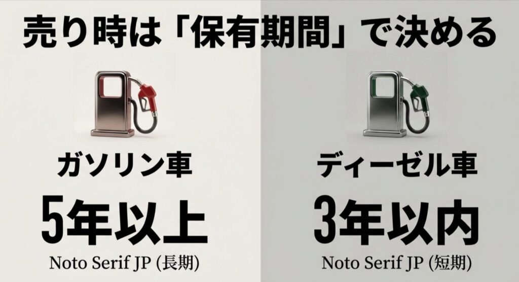 ガソリン車は5年以上の長期保有、ディーゼル車は3年以内の短期売却がリセール面で有利であることを示す比較スライド