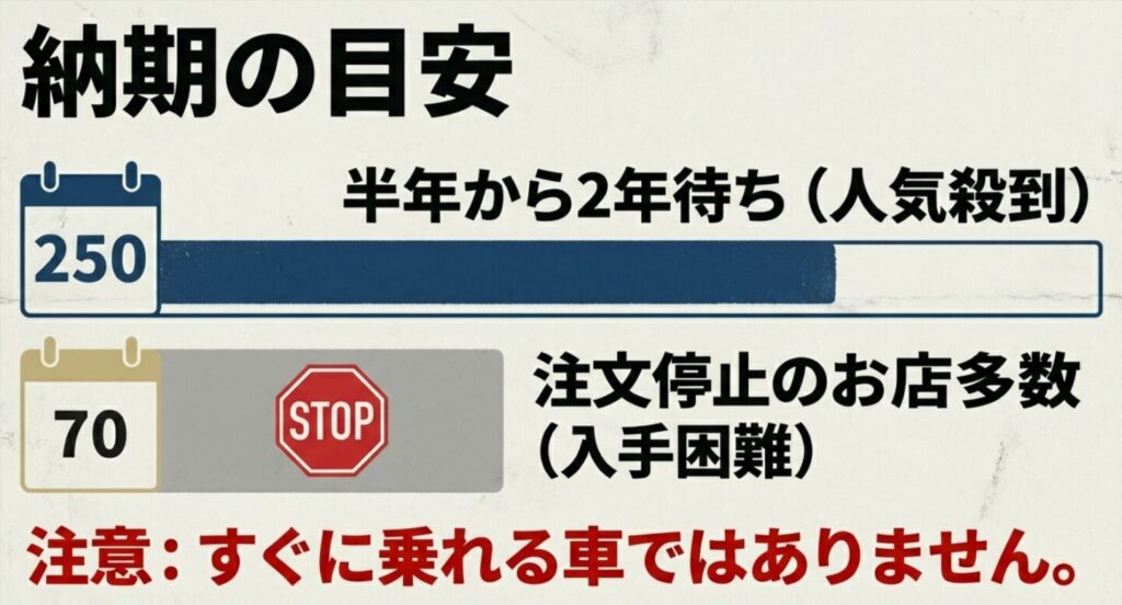 250は半年から2年待ち、70は注文停止の店舗が多く入手困難であることを示す納期情報スライド