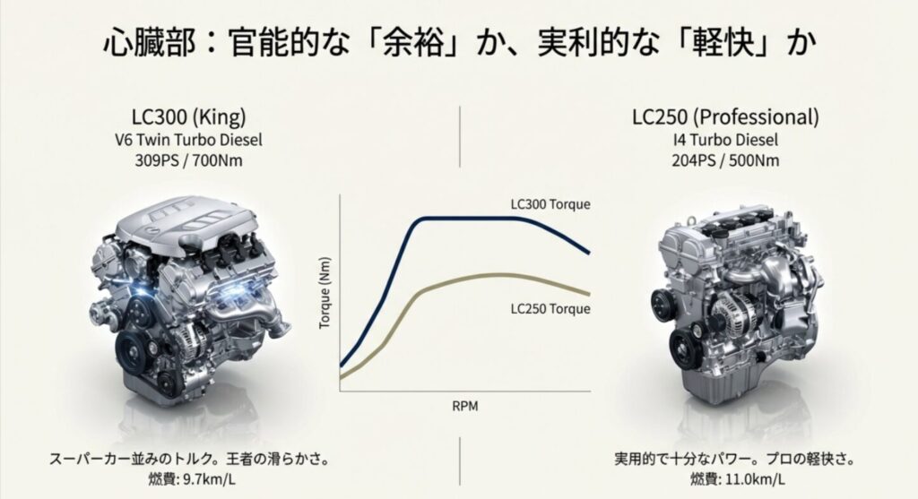 ランクル300のV6ディーゼルと250の直4ディーゼルのパワー・トルク・燃費比較グラフ