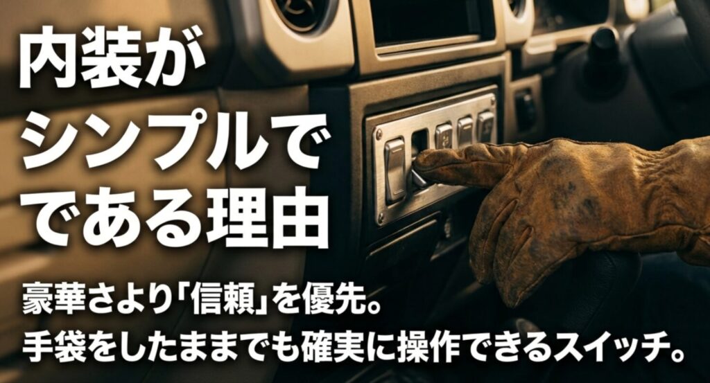 ランクル250の内装がシンプルである理由は、豪華さより信頼を優先し、手袋をしたままでも確実に操作できるスイッチを採用しているからだと解説するスライド